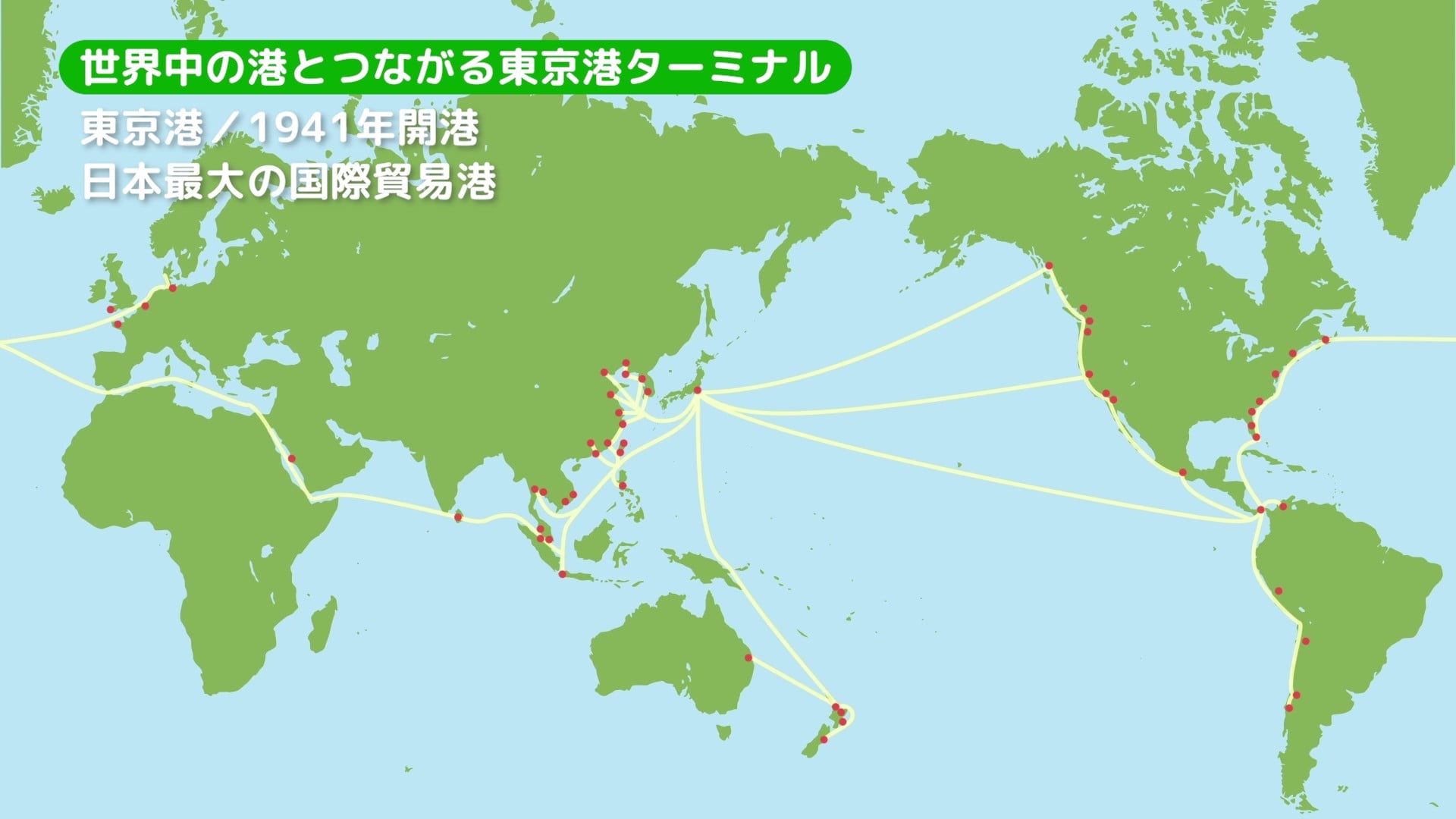 東京港ターミナルと世界中の港を結ぶ航路を示した世界地図のイラスト