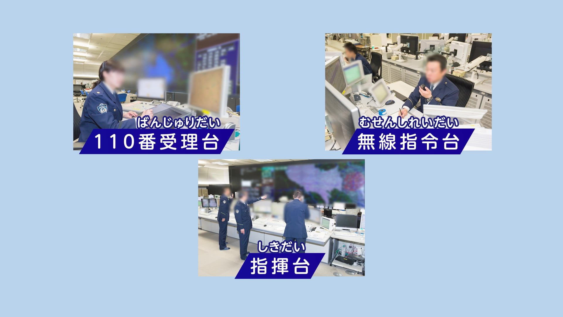 110番受理台、無線指令台、指揮台それぞれの働く写真