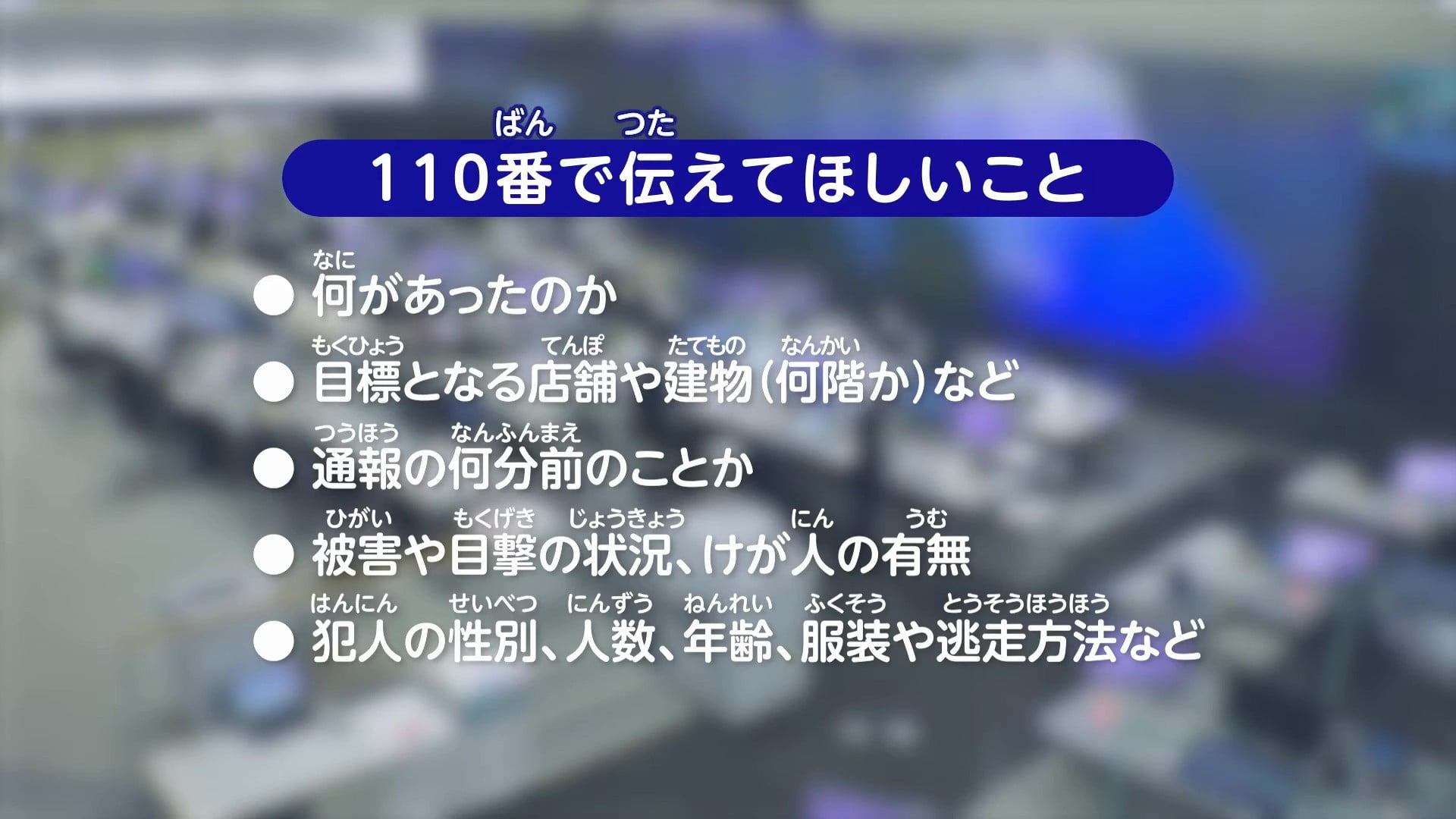 110番通報で知らせてほしいこと一覧：何があったのか、目標となる店舗や建物、通報の何分前のことか、被害や目撃の情報、けが人の有無、犯人の性別、人数、年齢、服装や逃走方法