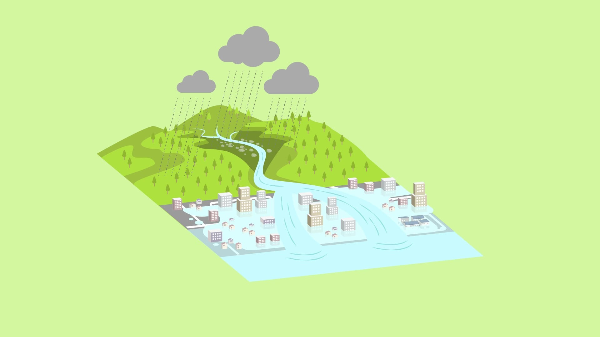 大雨が降り川の水が溢れて街に洪水が起こっているイラスト