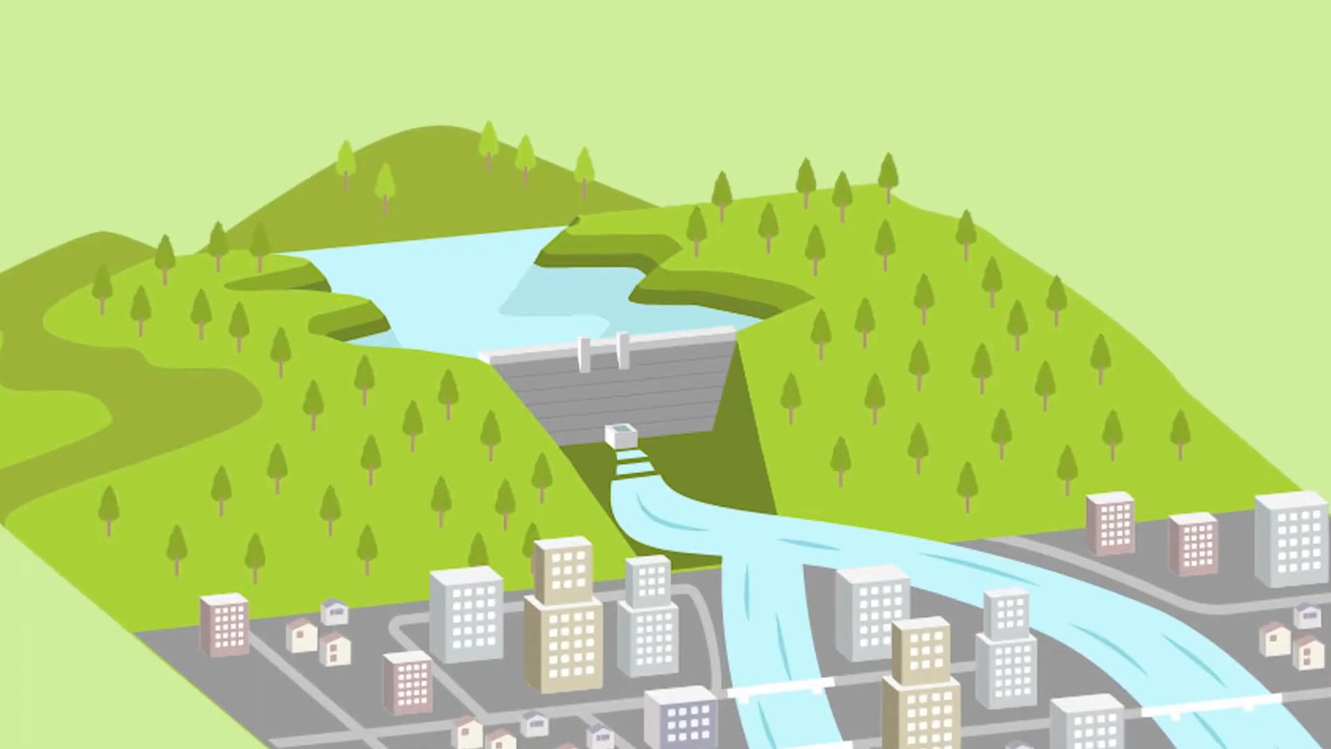 ダムから街に向かって適量の水が流れているイラスト